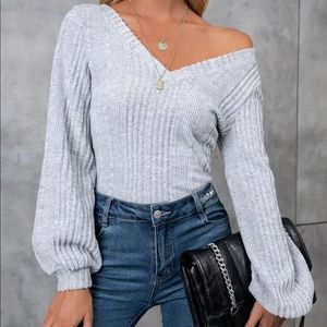 SHEIN Solid Lantern Sleeve V-Neck